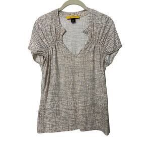 St. John Tan Peach Pattern Short Sleeve V Neck Top Sz Med